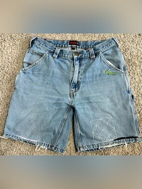 Custom Light Wash Denim Shorts with Green Accent